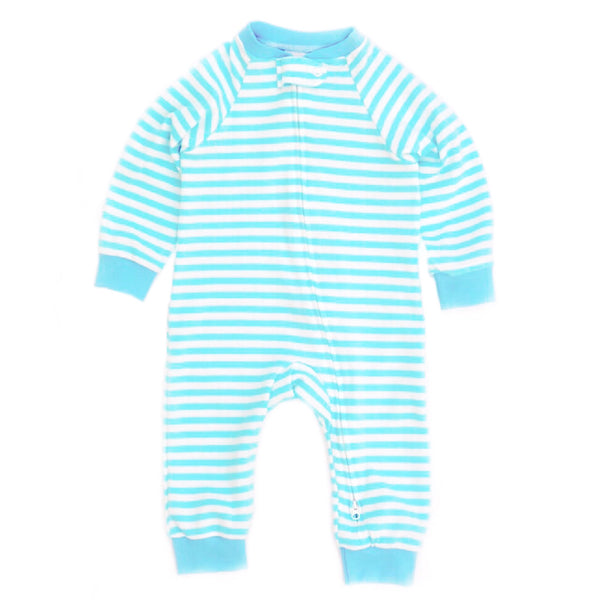 Aqua And White Stripe Zipped Footless Babygrow