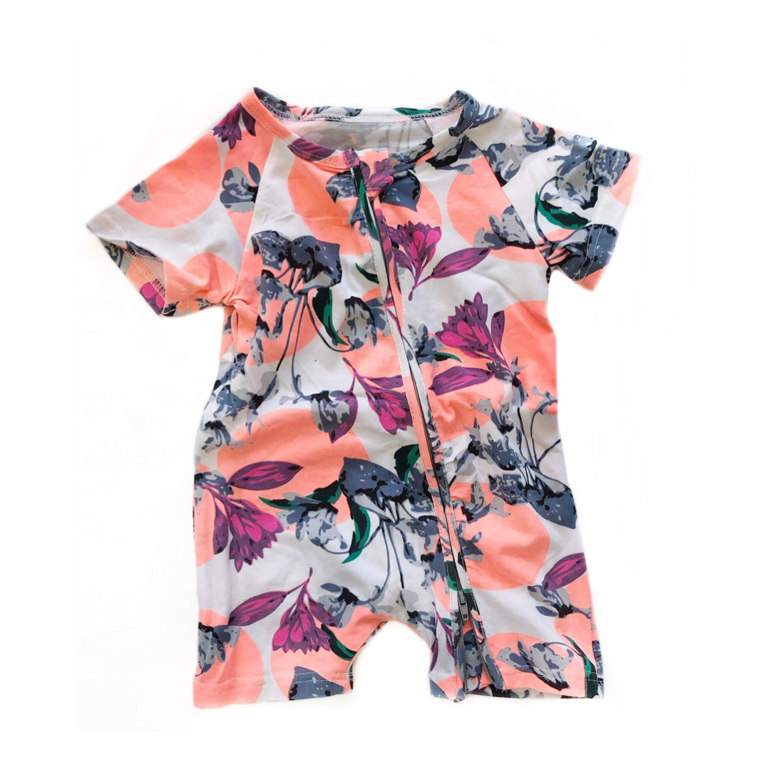 Tropical Floral Print Short Sleeved Zip Up Babygrow