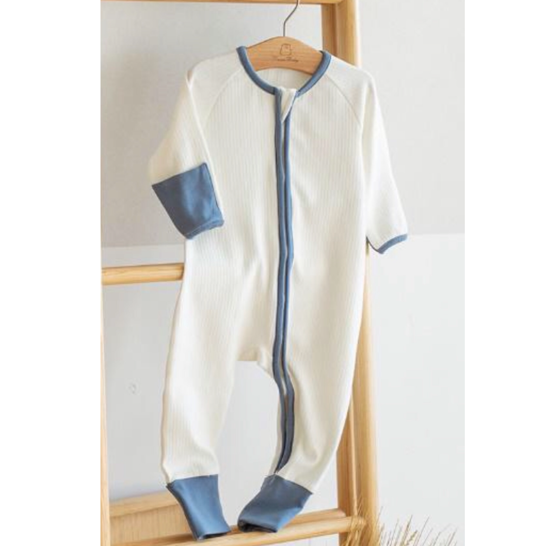 White and Blue Ribbed Zipped Footless Babygrow