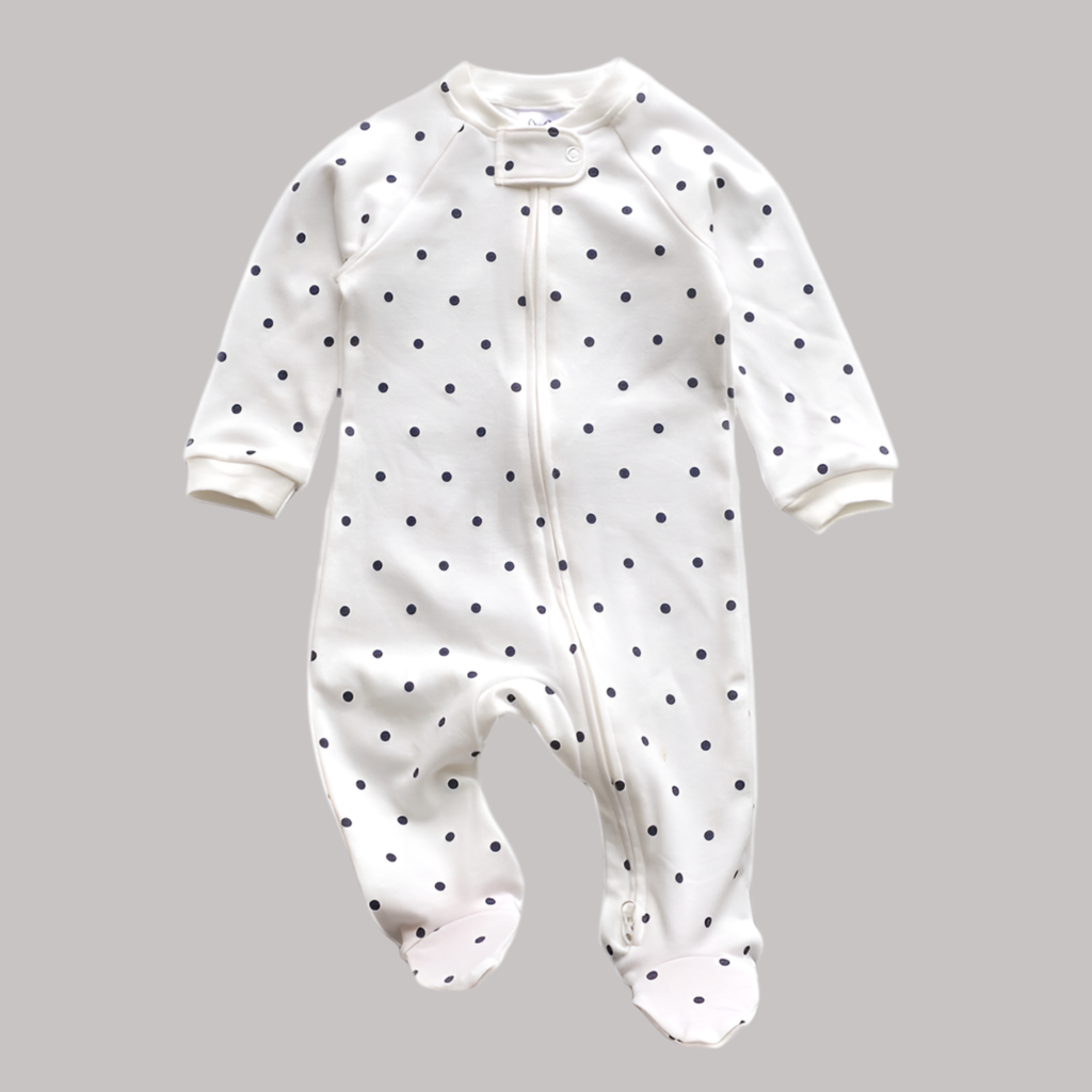 White with Navy Dot Printed Zipped Babygrow