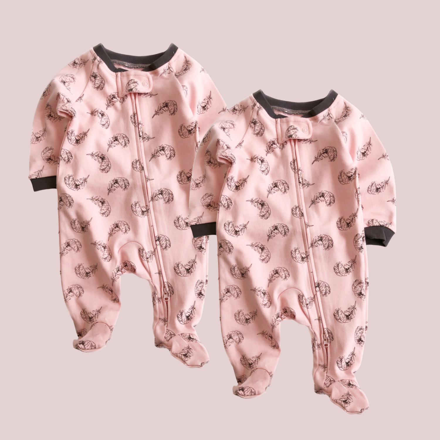 Twin pack Pink Feather Printed Zipped Babygrow