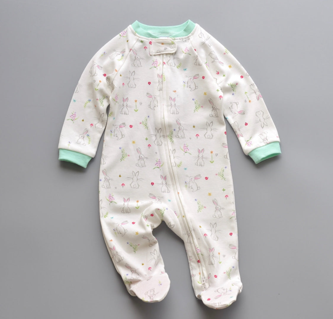 Spring Garden Bunny Printed Zipped Babygrow