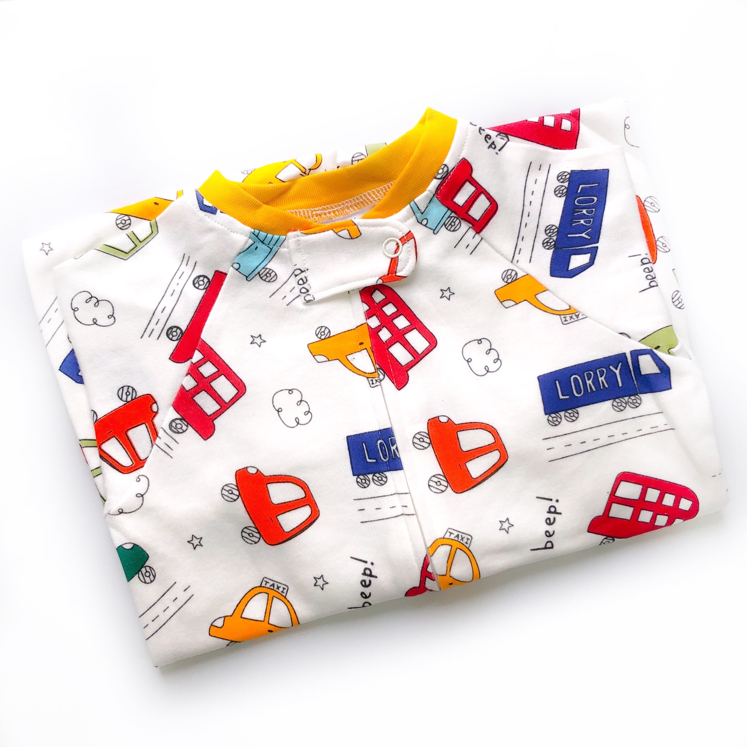 Cars And Buses Print Zipped Footless Babygrow