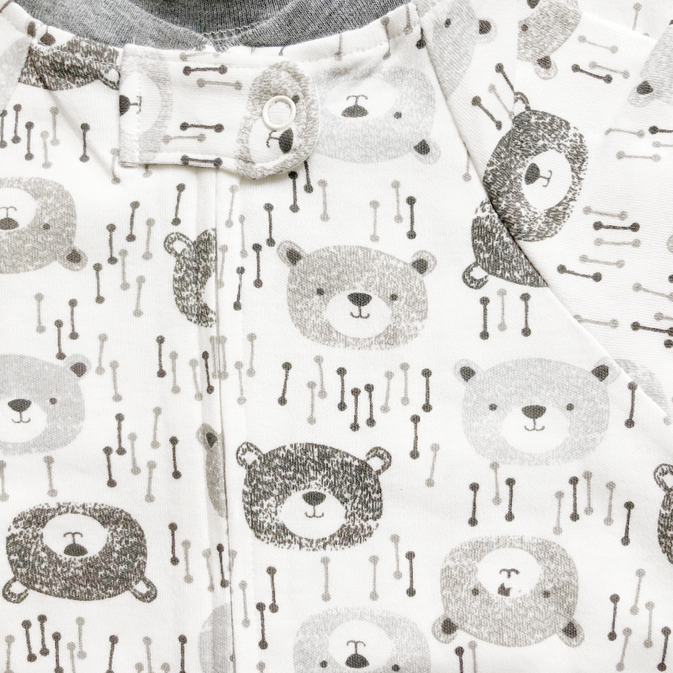Close Up Grey Bear Print Zipped Babygrow