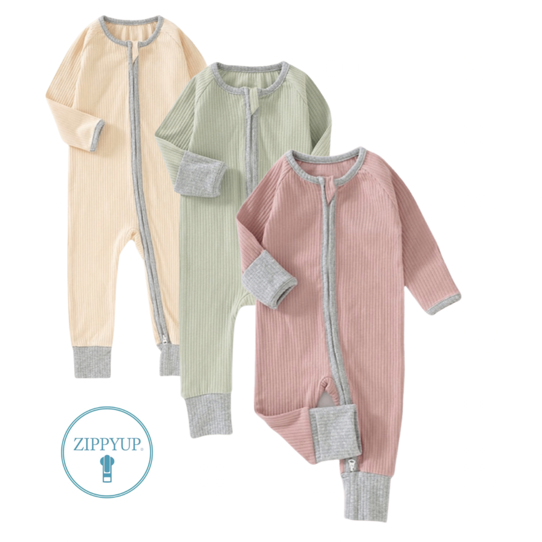 Pastels Organic Cotton Triple Pack Ribbed Zip Up Babygrow