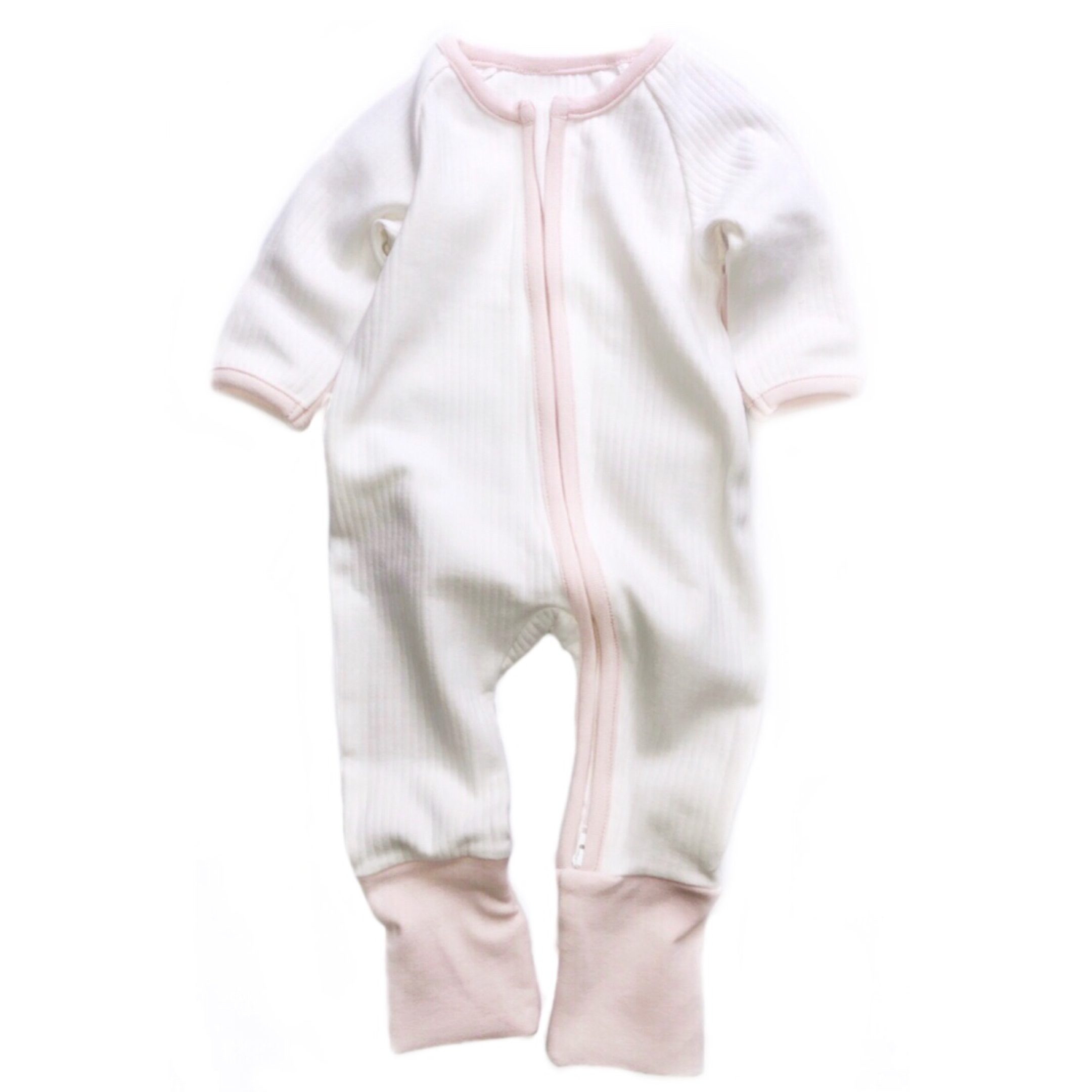 White And Pink Ribbed Zipped Footless Babygrow