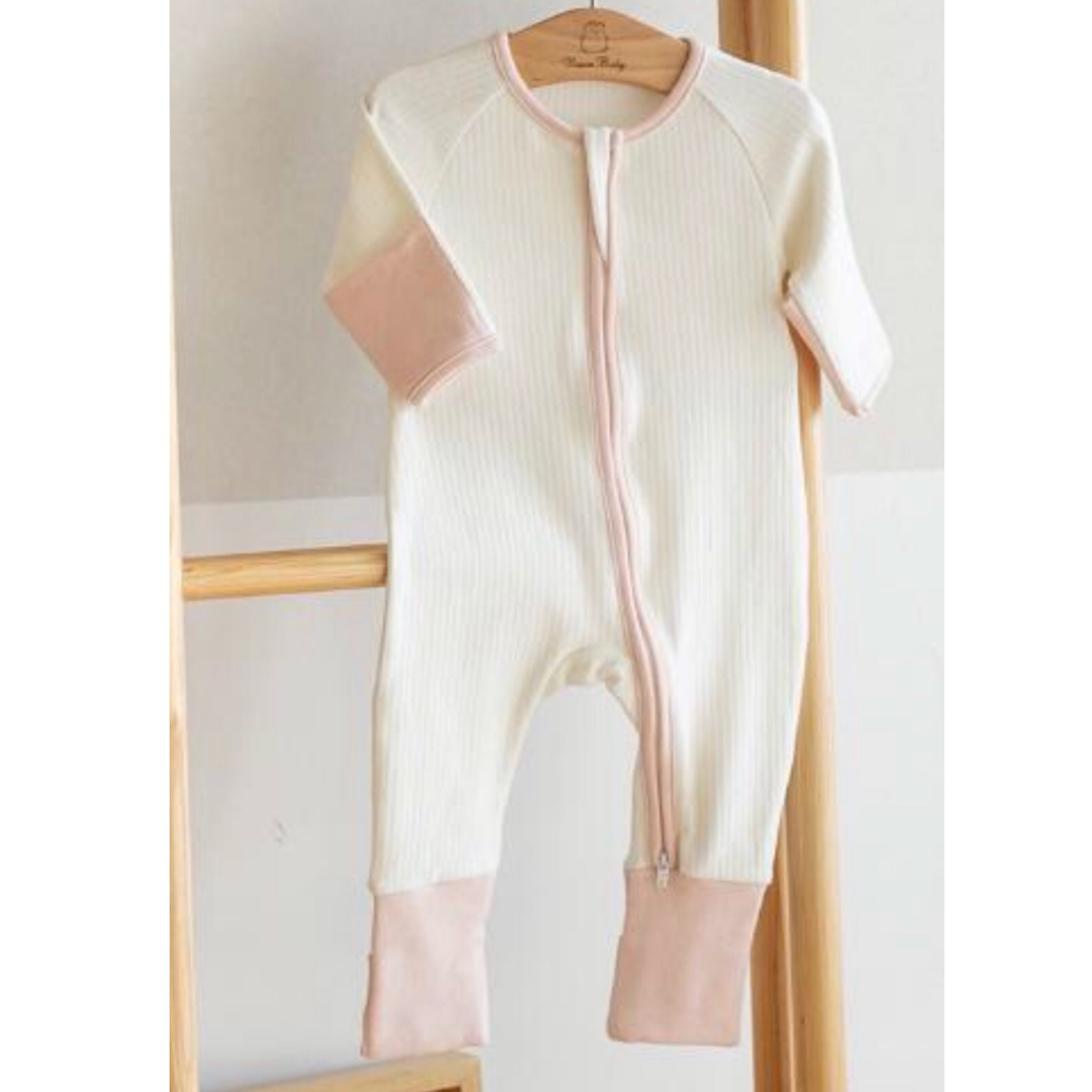 White And Pink Ribbed Zipped Footless Babygrow