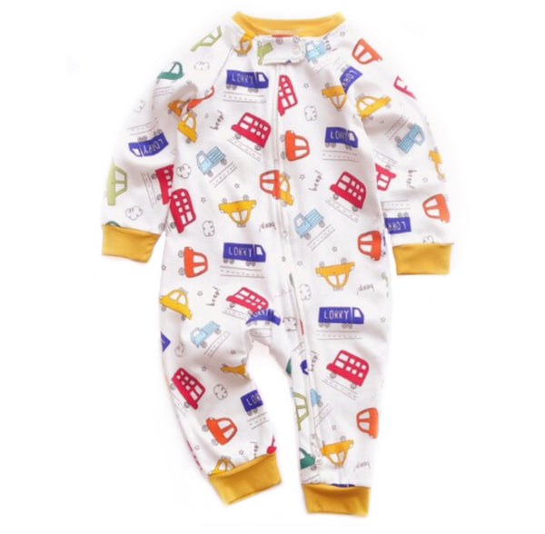 Cars And Buses Print Zipped Footless Babygrow