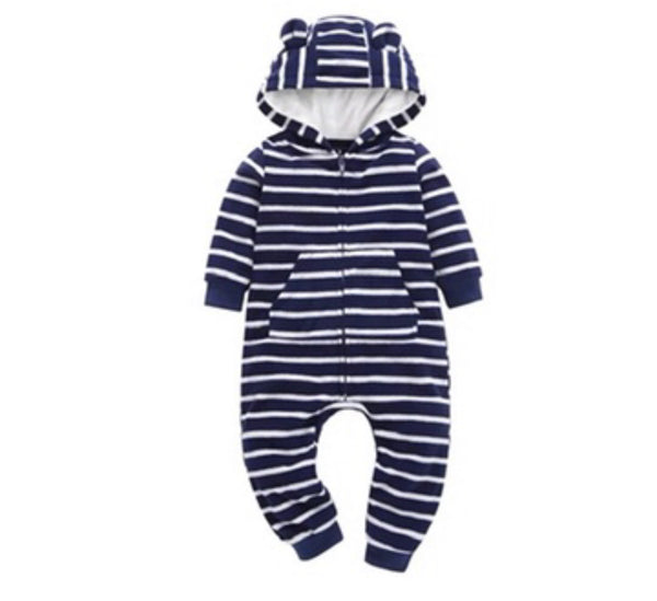 Navy and Grey Striped Fleece Hooded Zip Up