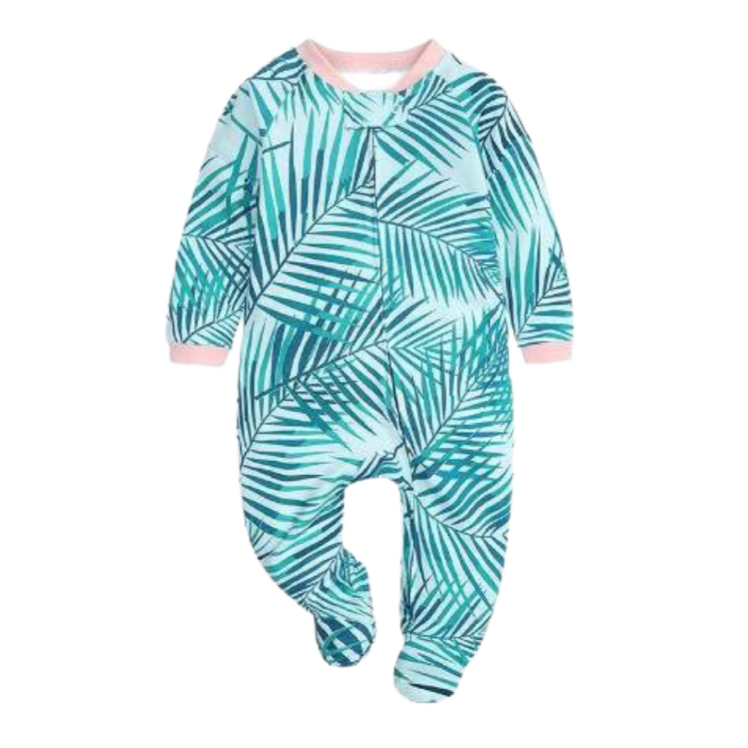 Aqua & Pink Foliage Printed Zipped Babygrow