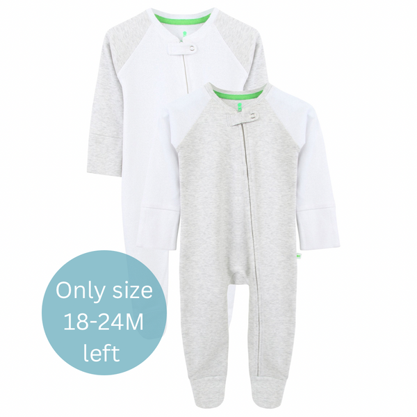 Grey and White Twin Pack Zipped Babygrow