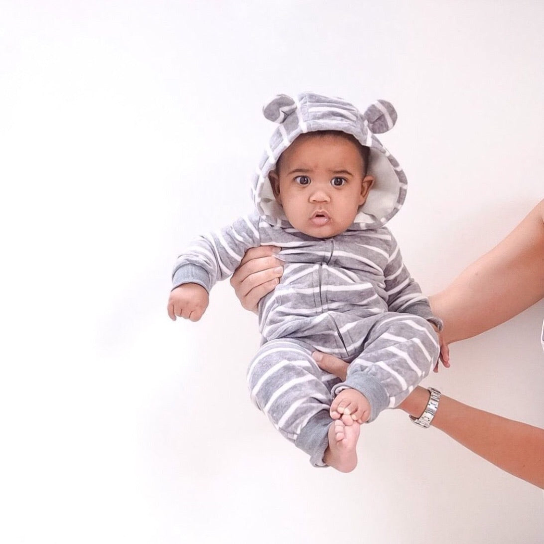 Grey And White Striped Hooded Fleece Zipped Onesie
