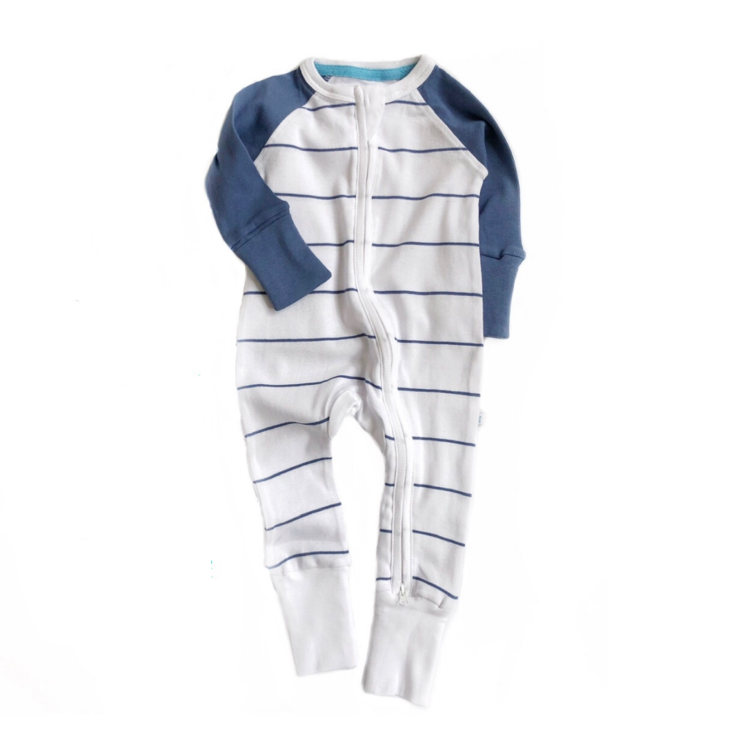 denim and white striped zip up babygrow