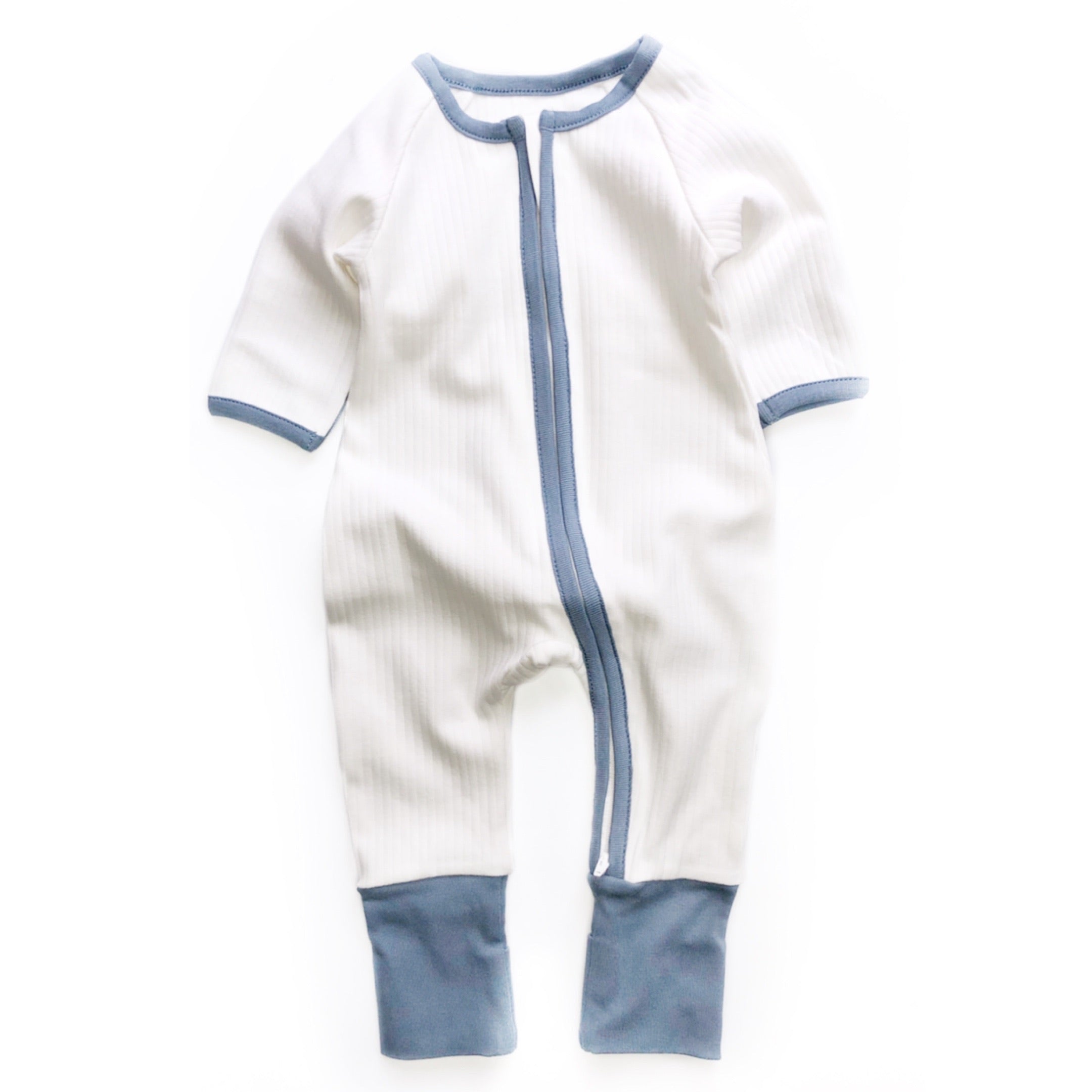 White and Blue Ribbed Zipped Footless Babygrow