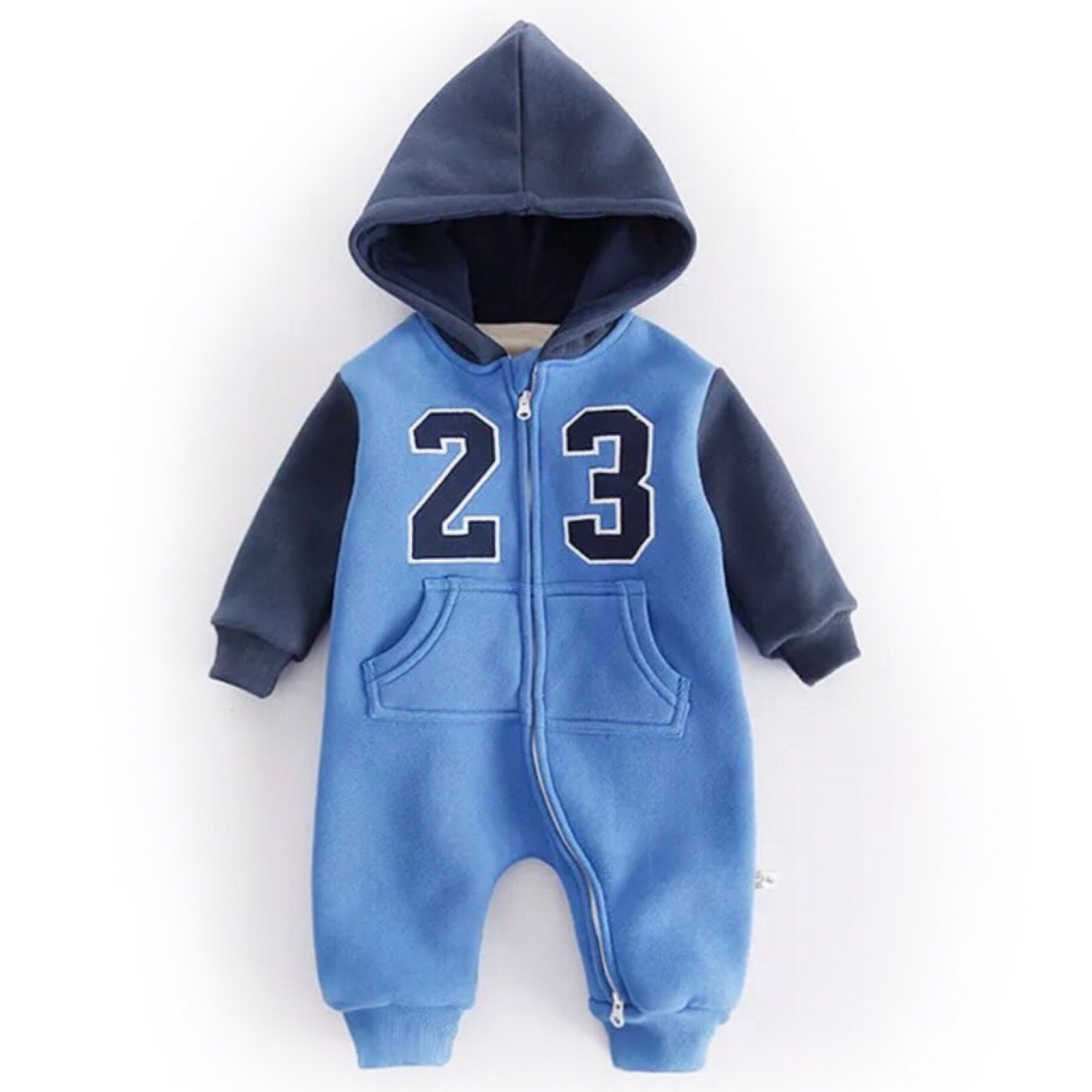 Baby Boys Blue Hooded All In One Zipped Footless Baby Suit