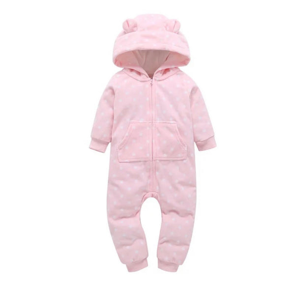 Pink And White Polka Dot Hooded Fleece Zipped Onesie