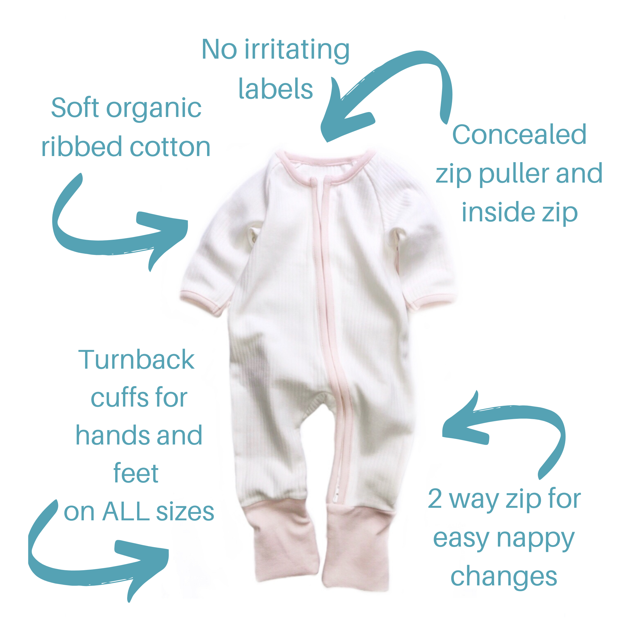 White And Pink Ribbed Zipped Footless Babygrow